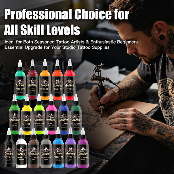 18-Color Tattoo Ink Set, 30ml (1oz) per Bottle – Professional Tattoo Pigment Collection for Tattoo Artists