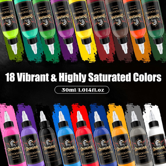 18-Color Tattoo Ink Set, 30ml (1oz) per Bottle – Professional Tattoo Pigment Collection for Tattoo Artists