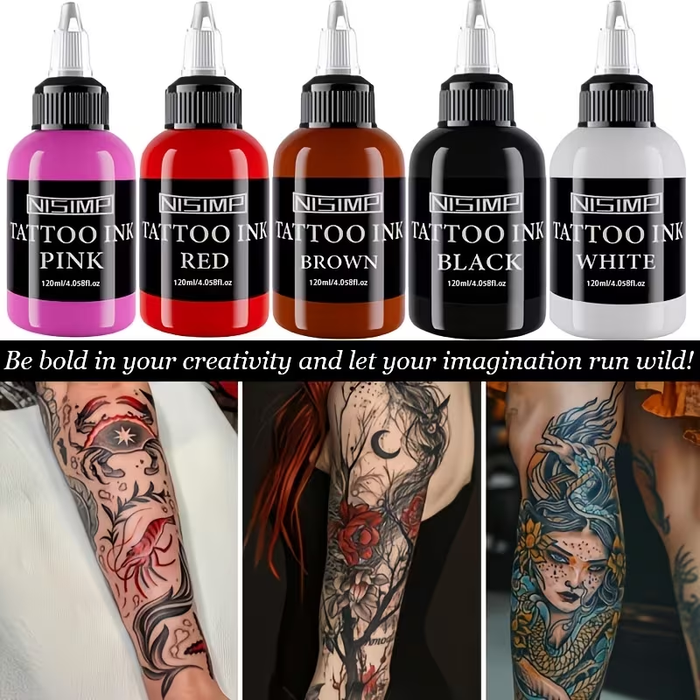 NISIMP 5-Color Tattoo Ink Set, 120ml (4oz) – Highly Concentrated Pigments for Tattooing & Body Art