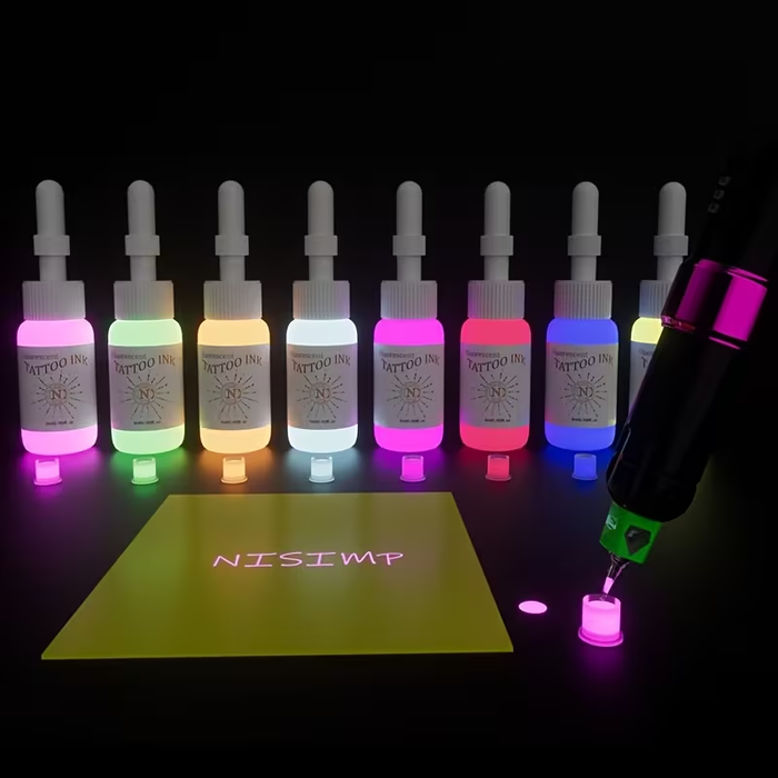 NISIMP UV Fluorescent Tattoo Ink Set (8pcs, 0.17 oz / 5ml Each) – Vibrant Neon Pigments, UV Reactive Under Blacklight, Plant-Based Formula, Fragrance-Free Professional Tattoo Ink for Artists & Beginners