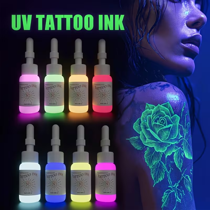 NISIMP UV Fluorescent Tattoo Ink Set (8pcs, 0.17 oz / 5ml Each) – Vibrant Neon Pigments, UV Reactive Under Blacklight, Plant-Based Formula, Fragrance-Free Professional Tattoo Ink for Artists & Beginners