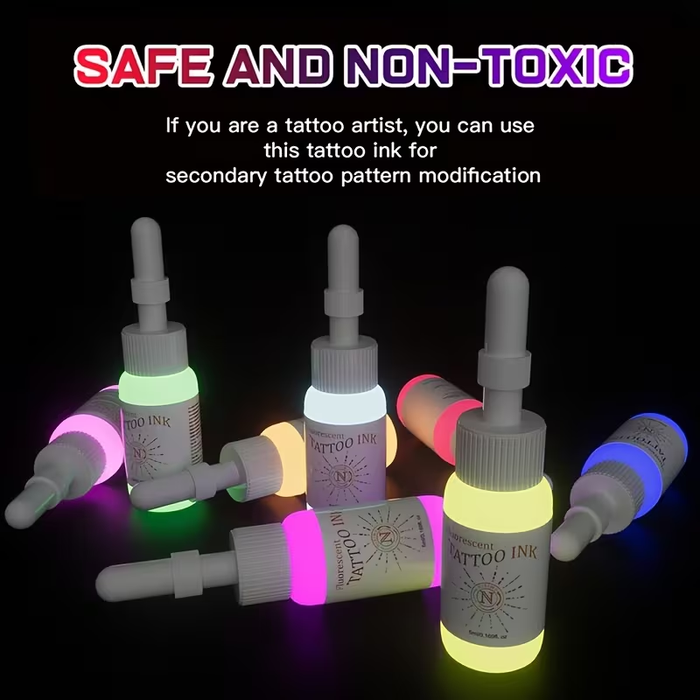 NISIMP UV Fluorescent Tattoo Ink Set (8pcs, 0.17 oz / 5ml Each) – Vibrant Neon Pigments, UV Reactive Under Blacklight, Plant-Based Formula, Fragrance-Free Professional Tattoo Ink for Artists & Beginners