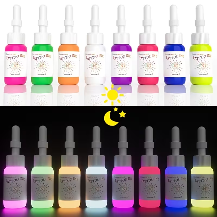 NISIMP UV Fluorescent Tattoo Ink Set (8pcs, 0.17 oz / 5ml Each) – Vibrant Neon Pigments, UV Reactive Under Blacklight, Plant-Based Formula, Fragrance-Free Professional Tattoo Ink for Artists & Beginners