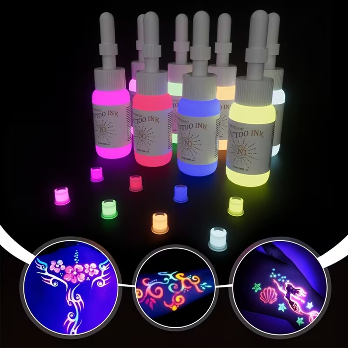 NISIMP UV Fluorescent Tattoo Ink Set (8pcs, 0.17 oz / 5ml Each) – Vibrant Neon Pigments, UV Reactive Under Blacklight, Plant-Based Formula, Fragrance-Free Professional Tattoo Ink for Artists & Beginners
