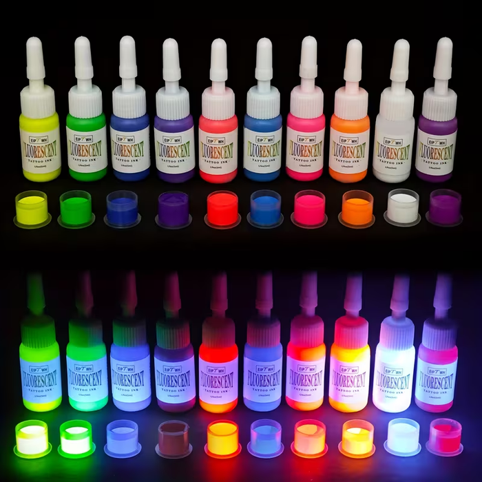 NISIMP UV Fluorescent Tattoo Ink Set (10 pcs, 0.17 oz / 5ml Each) – Vibrant Neon Pigments, UV Reactive Under Blacklight, Long-Lasting & Easy to Blend, Professional Tattoo Ink for Artists & Beginners