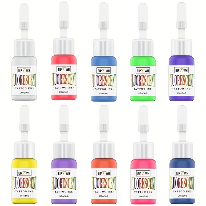 NISIMP UV Fluorescent Tattoo Ink Set (10 pcs, 0.17 oz / 5ml Each) – Vibrant Neon Pigments, UV Reactive Under Blacklight, Long-Lasting & Easy to Blend, Professional Tattoo Ink for Artists & Beginners