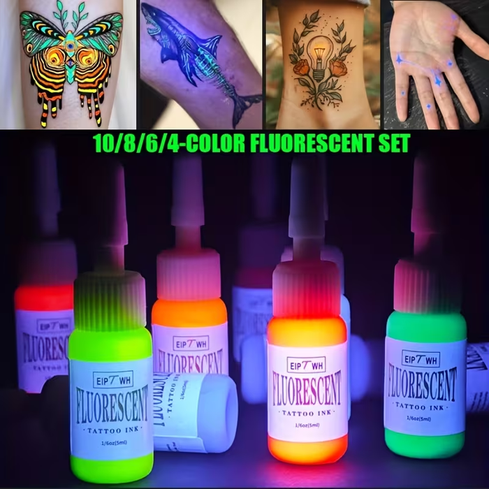 NISIMP UV Fluorescent Tattoo Ink Set (10 pcs, 0.17 oz / 5ml Each) – Vibrant Neon Pigments, UV Reactive Under Blacklight, Long-Lasting & Easy to Blend, Professional Tattoo Ink for Artists & Beginners