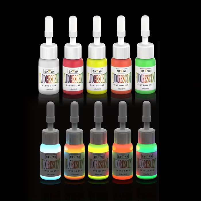 NISIMP UV Fluorescent Tattoo Ink Set (10 pcs, 0.17 oz / 5ml Each) – Vibrant Neon Pigments, UV Reactive Under Blacklight, Long-Lasting & Easy to Blend, Professional Tattoo Ink for Artists & Beginners