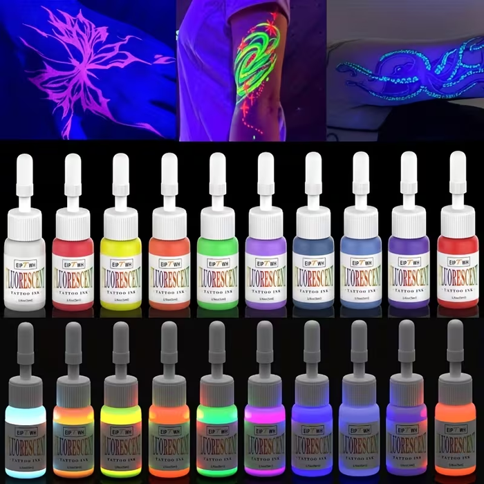 NISIMP UV Fluorescent Tattoo Ink Set (10 pcs, 0.17 oz / 5ml Each) – Vibrant Neon Pigments, UV Reactive Under Blacklight, Long-Lasting & Easy to Blend, Professional Tattoo Ink for Artists & Beginners