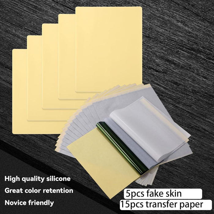 NISIMP 20-Piece 3mm Double-Sided Silicone Tattoo Practice Skin Set includes 5 A4-sized (20×30cm) & 8×6 thickened practice skins plus 15Tattoo Stencil Paper Suitable for beginners and professional tattoo artists Ideal for tattoo and microblading practice
