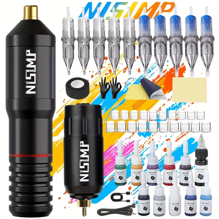 NISIMP Wireless Tattoo Kit – Rotary Tattoo Pen Machine with Power Supply, 10 pcs Ink Set, Complete Tattoo Kit for Beginners & Artists (Black)