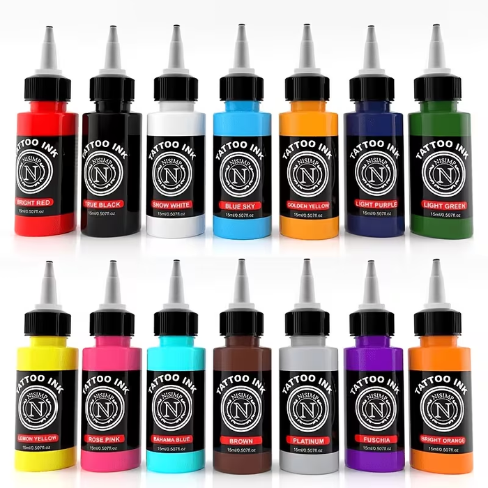 NISIMP 7/14-Color Tattoo Ink Set, 15ml (0.5oz) Each, Water-Based Tattoo Pigments for Outlining & Shading, Professional Tattoo & Body Art Supplies