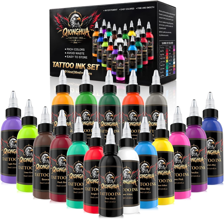 18-Color Tattoo Ink Set, 30ml (1oz) per Bottle – Professional Tattoo Pigment Collection for Tattoo Artists