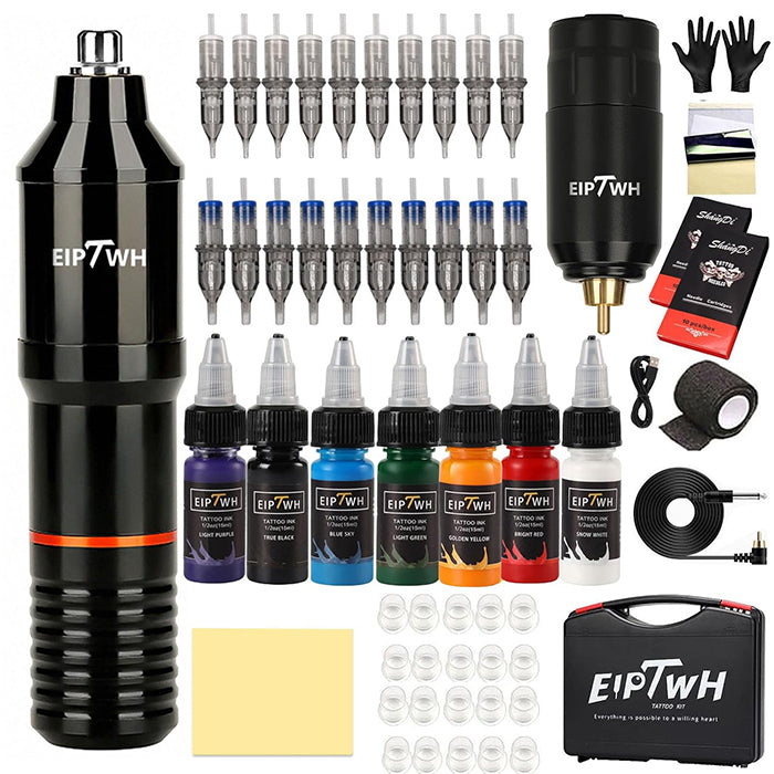 EIPTWH Wireless Tattoo Machine Set, Professional Rotary Tattoo Pen Kit with 7 Colours, 15 ml Tattoo Ink Set, 20 Pieces Needles Cartridges Tattoo Kit Tattoo Accessories FWTK03