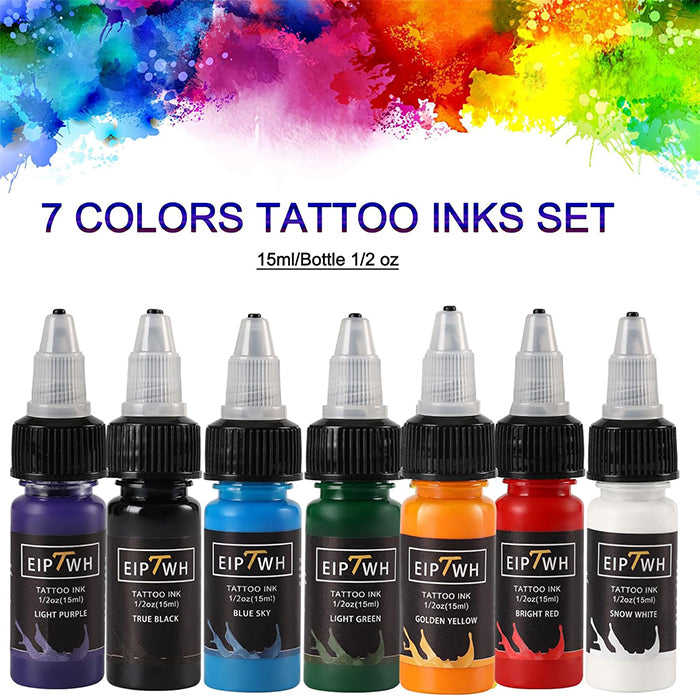 EIPTWH Wireless Tattoo Machine Set, Professional Rotary Tattoo Pen Kit with 7 Colours, 15 ml Tattoo Ink Set, 20 Pieces Needles Cartridges Tattoo Kit Tattoo Accessories FWTK03