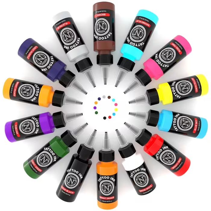 NISIMP 7/14-Color Tattoo Ink Set, 15ml (0.5oz) Each, Water-Based Tattoo Pigments for Outlining & Shading, Professional Tattoo & Body Art Supplies