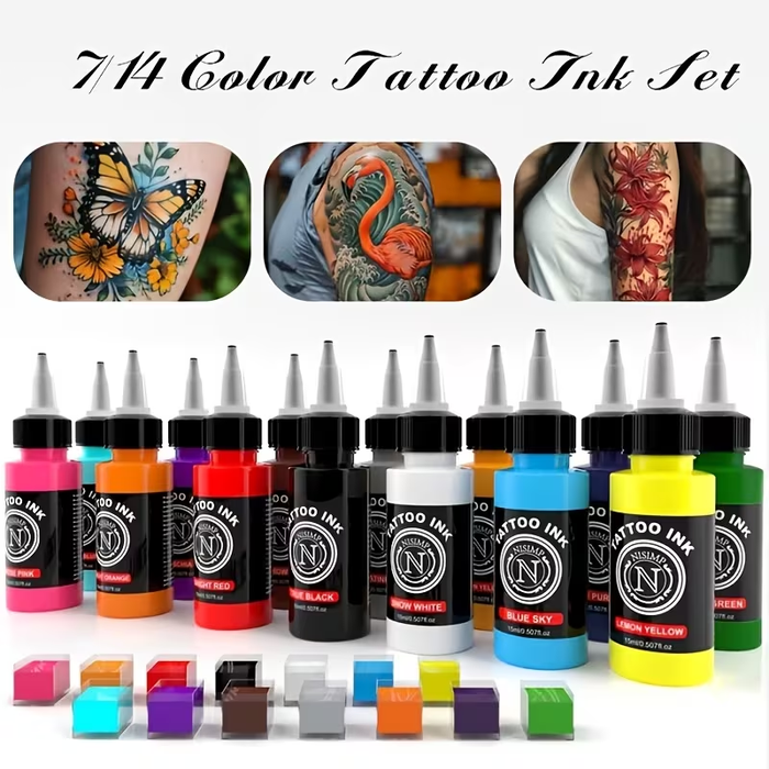 NISIMP 7/14-Color Tattoo Ink Set, 15ml (0.5oz) Each, Water-Based Tattoo Pigments for Outlining & Shading, Professional Tattoo & Body Art Supplies