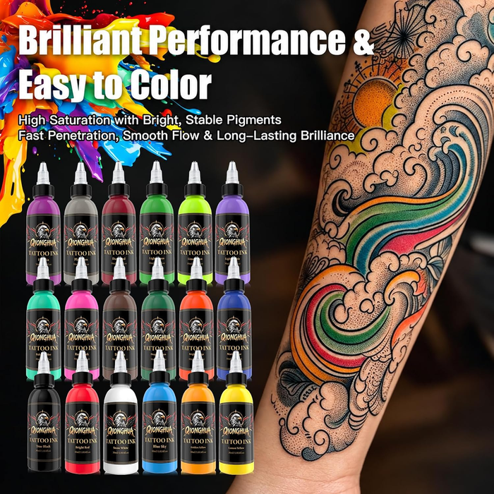 18-Color Tattoo Ink Set, 30ml (1oz) per Bottle – Professional Tattoo Pigment Collection for Tattoo Artists