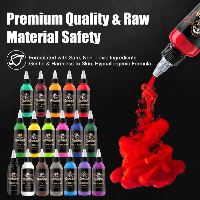 18-Color Tattoo Ink Set, 30ml (1oz) per Bottle – Professional Tattoo Pigment Collection for Tattoo Artists